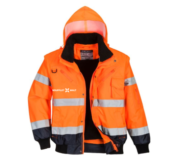 BLOUSON HAUTE VISIBILITE C465 ORANGE FLUO/MARINE - PORTWEST + TRANSFERT COEUR "MALTERIES SOUFFLET" 1 COULEUR : BLANC