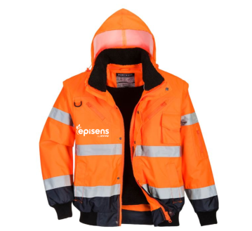 BLOUSON HAUTE VISIBILITE C465 ORANGE FLUO/MARINE - PORTWEST + TRANSFERT COEUR "EPISENS" 1 COULEUR : BLANC