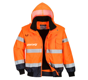 BLOUSON HAUTE VISIBILITE C465 ORANGE FLUO/MARINE - PORTWEST + TRANSFERT COEUR "INVIVO" 1 COULEUR : BLANC
