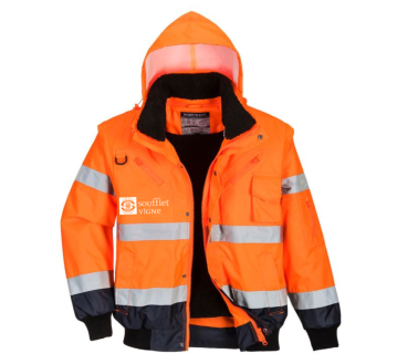 BLOUSON HAUTE VISIBILITE C465 ORANGE FLUO/MARINE - PORTWEST + TRANSFERT COEUR "SOUFFLET VIGNE" 1 COULEUR : BLANC