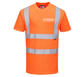 TEE SHIRT HAUTE VISIBILITE ORANGE CL2 RT23 - PORTWEST + TRANSFERT COEUR "SOUFFLET TRANSPORTS" 1 COULEUR : BLANC